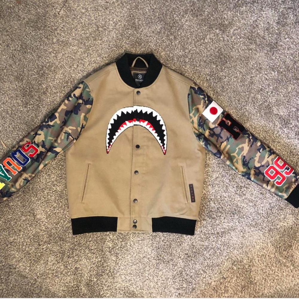 Hudson Jeans Tan Bomber Jacket with Camo Sleeves